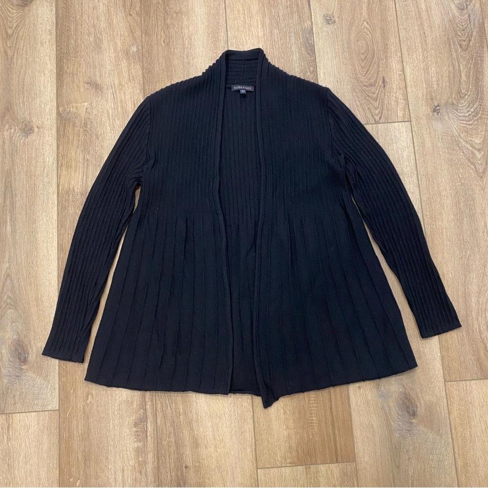 🌟EILEEN FISHER🌟 RIB KNIT OPEN FRONT CARDIGAN SWEATER ITALIAN WOOL BLACK SZ S